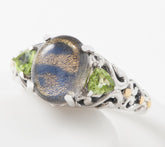 Anillo de plata de ley con tres piedras de labradorita y peridoto, elaborado artesanalmente, talla 5